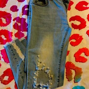Pearls and silver lite blue distressed jeans